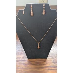 18K Rose Gold Plated Filigree Teardrop Pendant Necklace Dangle Earring Set